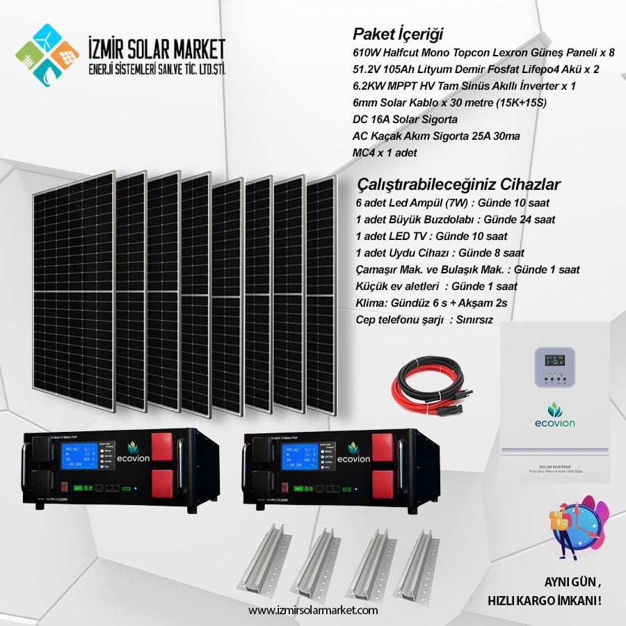 6.2 Kw Mppt Bağ Evi Hazır Güneş Enerjisi Ecovion Set